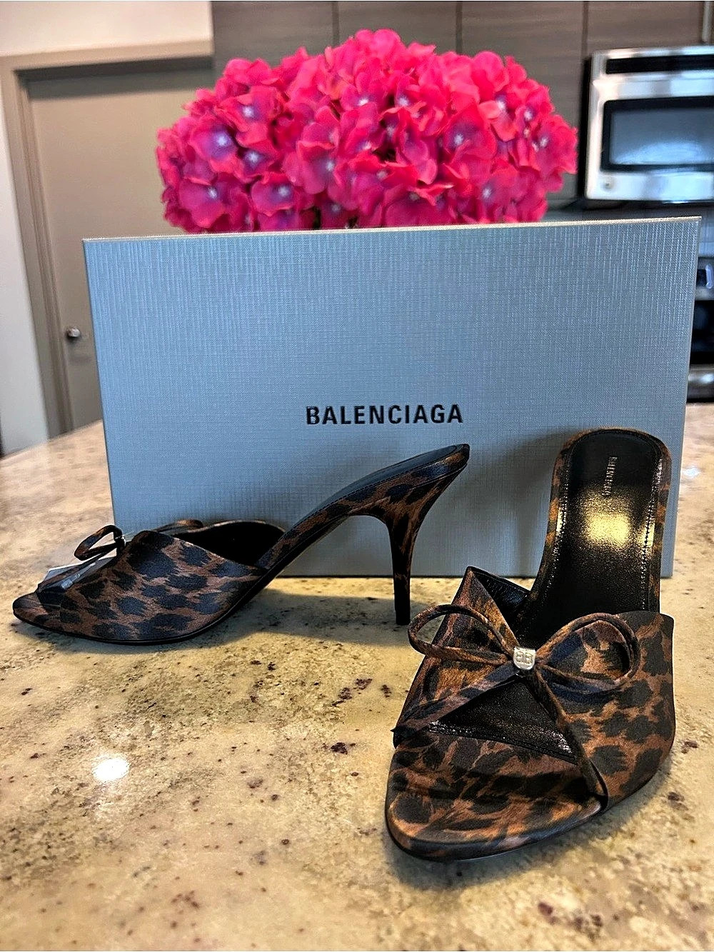 BALENCIAGA Knife Leopard Print Silk Bow Slide Mule Sandals, Size 38 *NEW